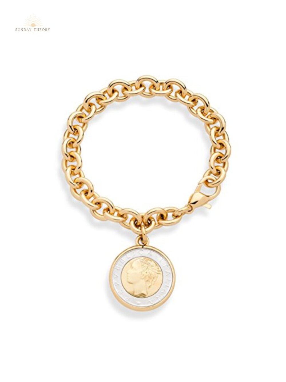 18K Gold Plated Bronze Italian Coin Charm Rolo Link Bracelet